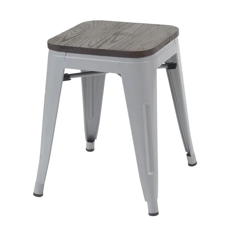 Lot de 2 tabourets bas assise en bois empilable en métal design industriel en métal gris 04_0000500