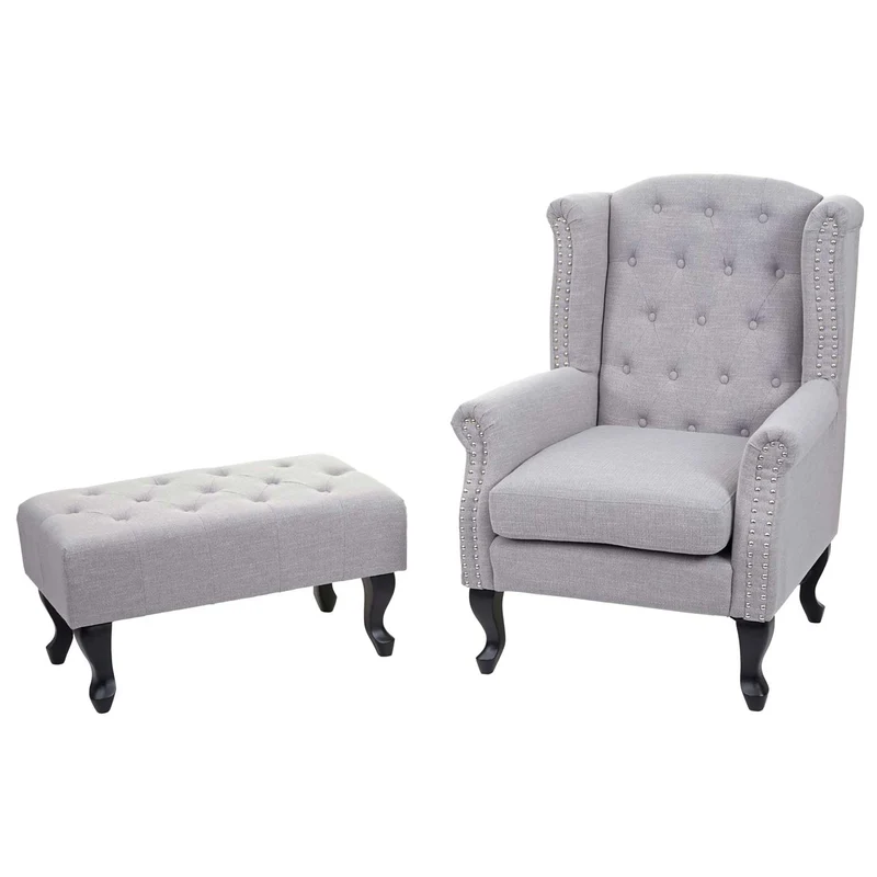 Fauteuil Chesterfield relaxation fauteuil club en tissu/textile gris avec repose-pieds 04_0003082