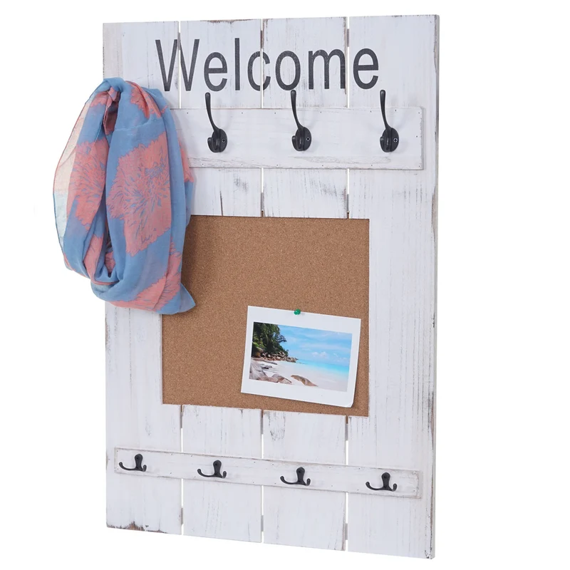 Porte-manteau mural panneau d'affichage style vintage avec 8 crochets 91x60cm en bois blanc vieilli 04_0000998