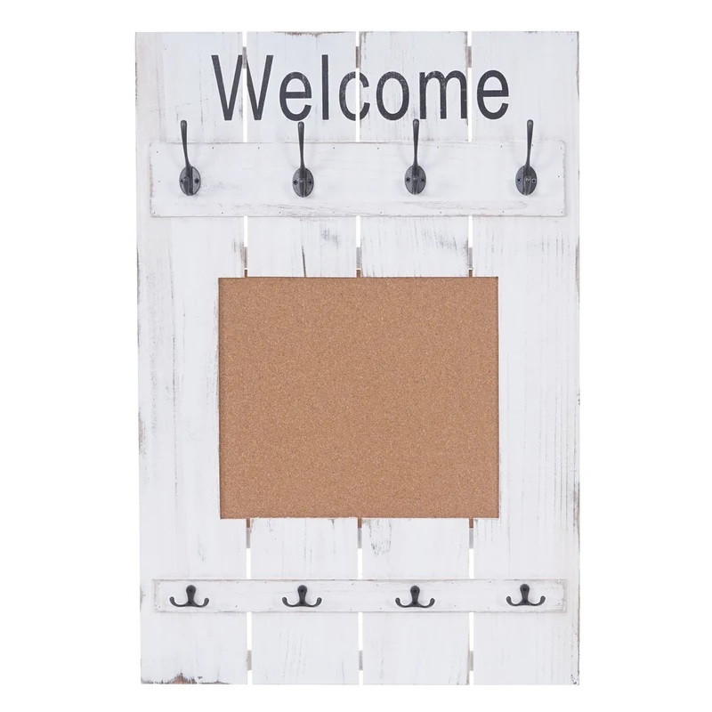 Porte-manteau mural panneau d'affichage style vintage avec 8 crochets 91x60cm en bois blanc vieilli 04_0000998