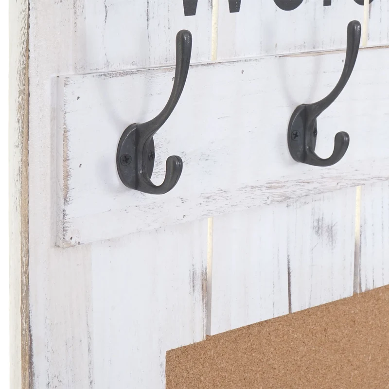 Porte-manteau mural panneau d'affichage style vintage avec 8 crochets 91x60cm en bois blanc vieilli 04_0000998