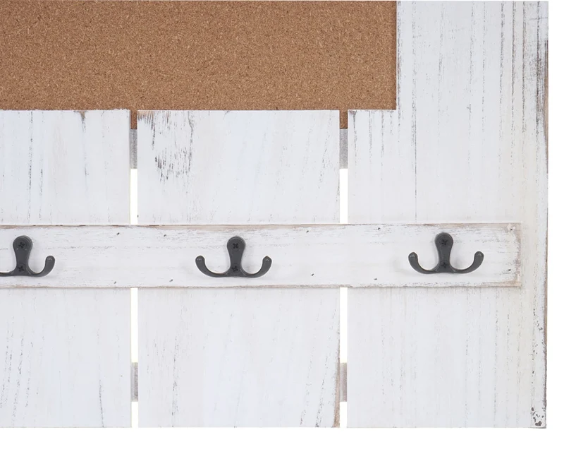 Porte-manteau mural panneau d'affichage style vintage avec 8 crochets 91x60cm en bois blanc vieilli 04_0000998