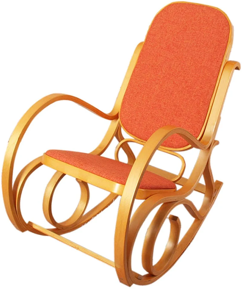 Fauteuil à bascule rocking chair en bois clair assise en tissu orange FAB04007