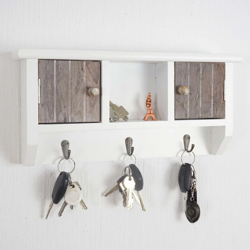 Porte-clés mural avec 3 crochets et étagère meuble d'entrée en bois massif marron style vintage marron blanc 04_0003591