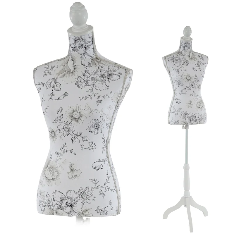 Buste de couture féminin sur pieds hauteur régable mannequin femme déco vitrine fibre de verre blanc avec des fleurs 04_0004285