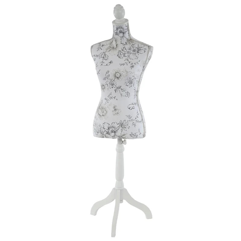 Buste de couture féminin sur pieds hauteur régable mannequin femme déco vitrine fibre de verre blanc avec des fleurs 04_0004285