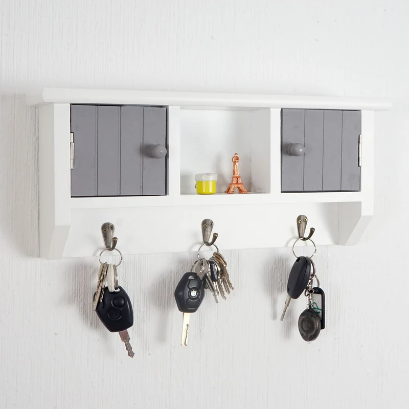 Porte-clés meuble d'entrée mural avec portes et étagère en bois massif gris-blanc 04_0003587
