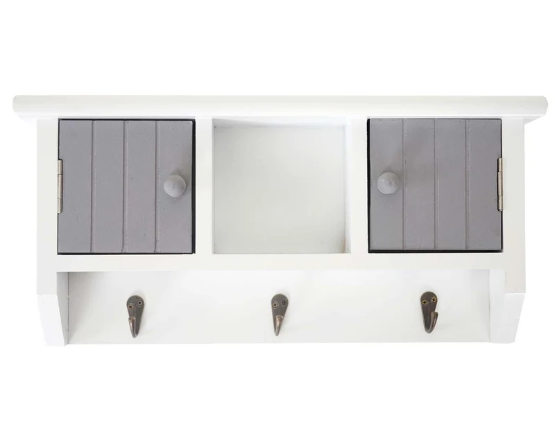 Porte-clés meuble d'entrée mural avec portes et étagère en bois massif gris-blanc 04_0003587