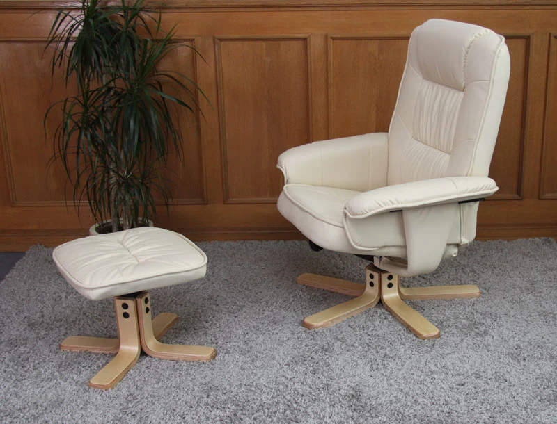Fauteuil TV relax rotatif inclinable avec tabouret repose-pied en synthétique crème 04_0003091