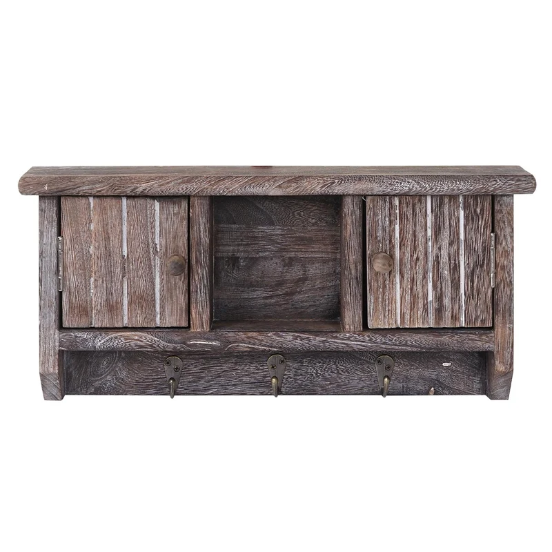 Porte-clés meuble d'entrée mural avec portes et étagère en bois massif marron vieilli 04_0002454