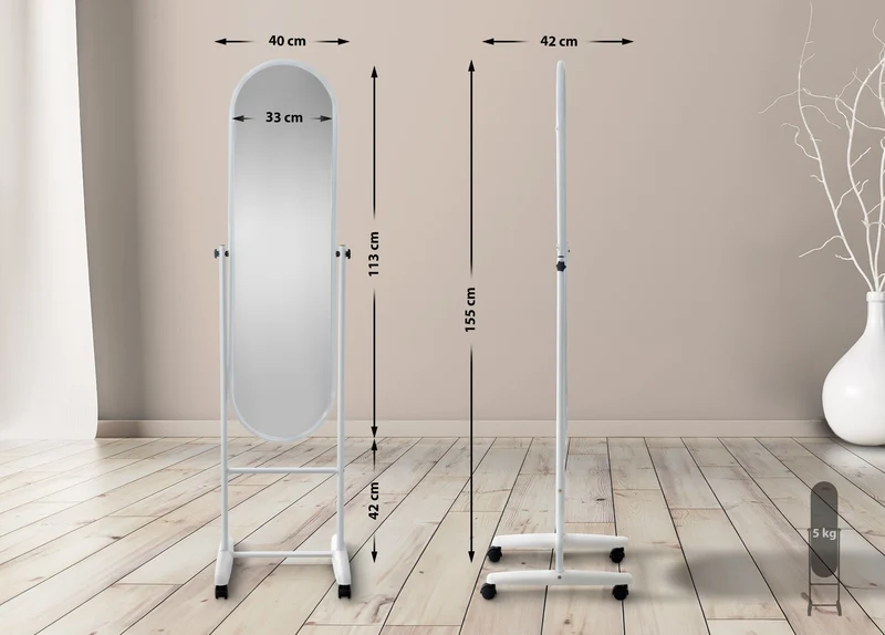 Miroir sur pieds avec roulettes forme ovale 113 x 33 cm en métal blanc 10_0003724
