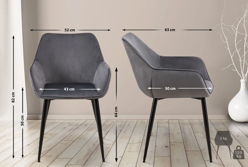 Lot de 2 chaises de salle à manger bureau salle d'attente en tissu velours gris foncé et métal noir 10_0001582