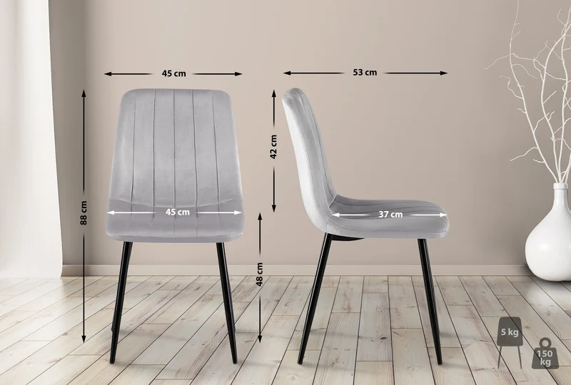 Lot de 4 chaises de salle à manger couture décorative vertical assise en velours gris et pieds en métal noir 10_0001865