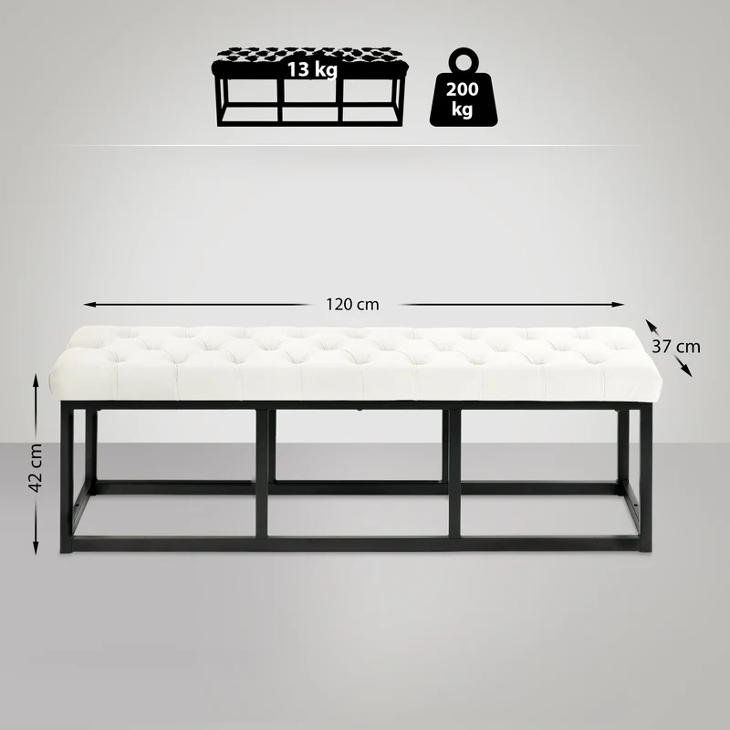 Banquette banc bout de lit longueur 120 cm en velours capitonné en velours crème et métal noir 10_0003667