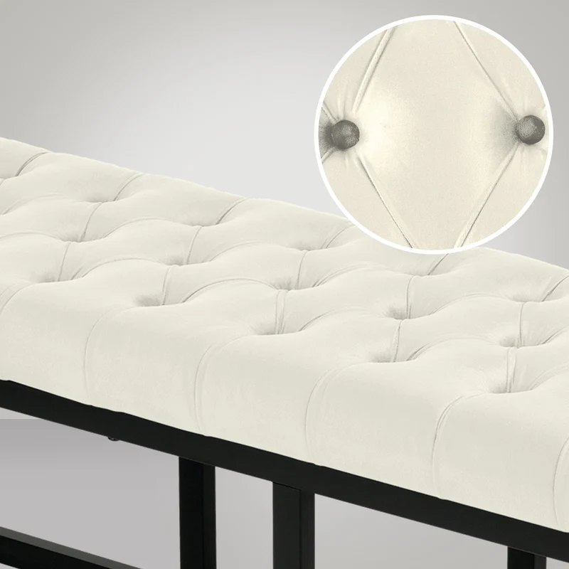 Banquette banc bout de lit longueur 150 cm en velours capitonné en velours crème et métal noir 10_0003669