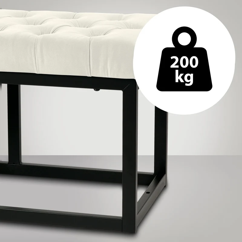 Banquette banc bout de lit longueur 150 cm en velours capitonné en velours crème et métal noir 10_0003669