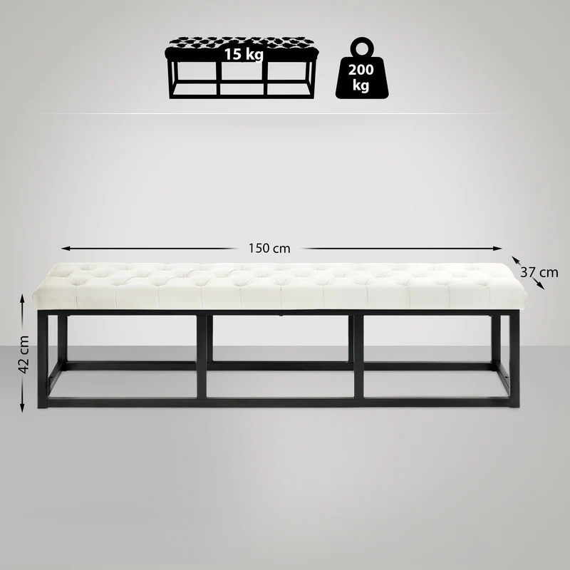 Banquette banc bout de lit longueur 150 cm en velours capitonné en velours crème et métal noir 10_0003669