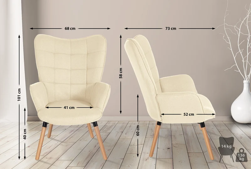 Fauteuil de lecture chambre lounge rembourré revêtement en tissu crème pieds en bois 10_0003623