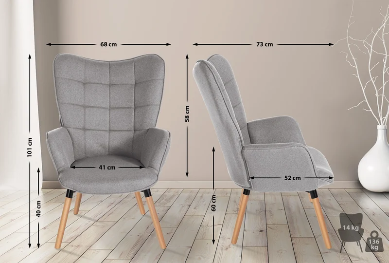 Fauteuil de lecture chambre lounge rembourré revêtement en tissu gris pieds en bois 10_0003621