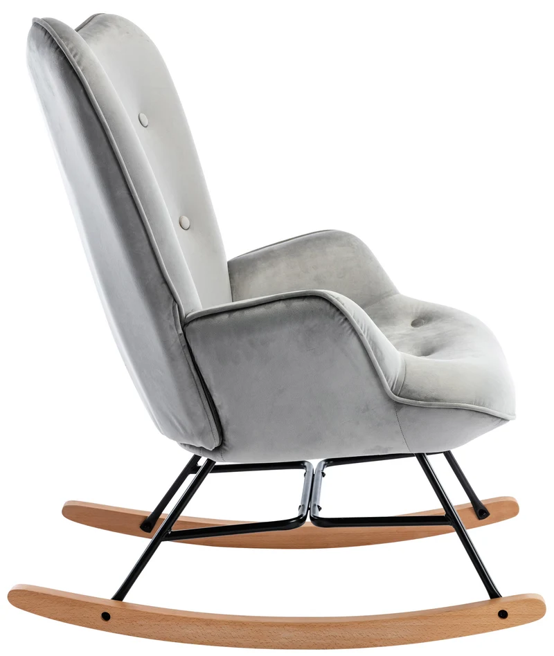 Fauteuil à bascule rocking chair bouton décoratif en tissu velours gris clair confortable et design FAB10072