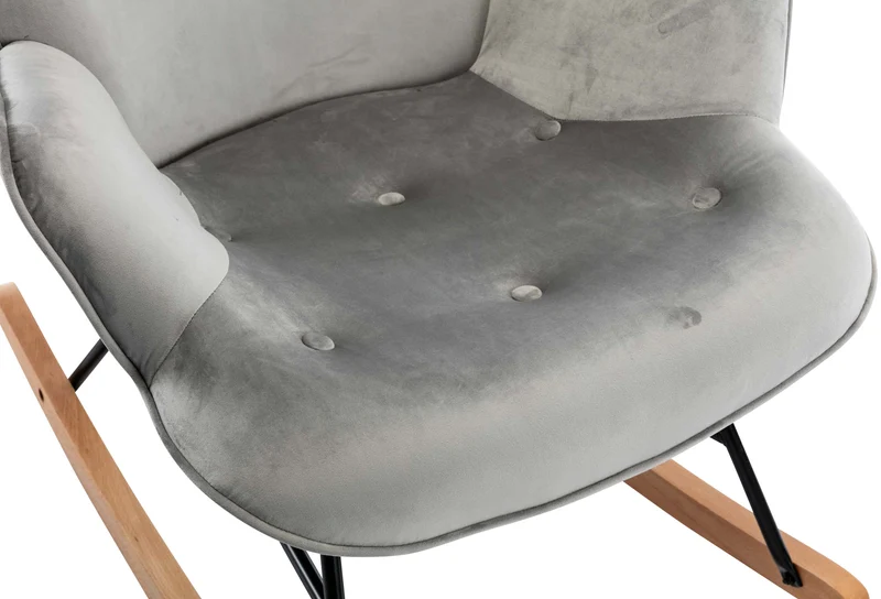 Fauteuil à bascule rocking chair bouton décoratif en tissu velours gris clair confortable et design FAB10072