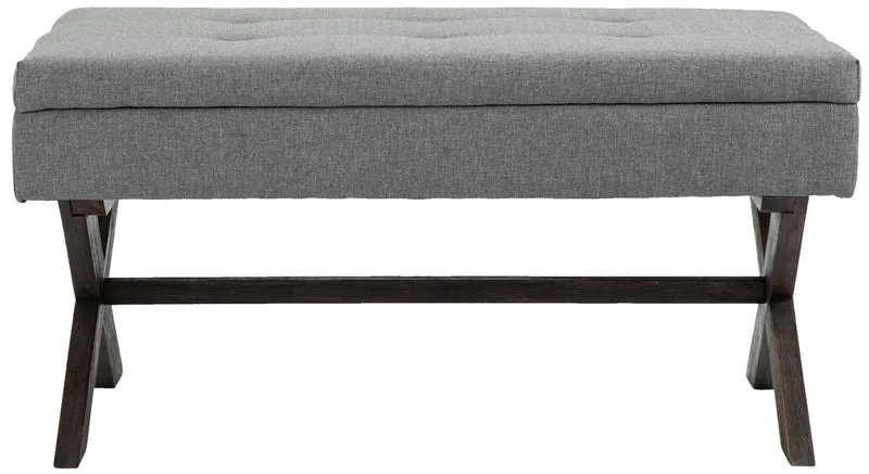 Banquette bout de lit 98 cm avec espace de rangement en tissu gris avec boutons décoratifs pieds foncés 10_0003656
