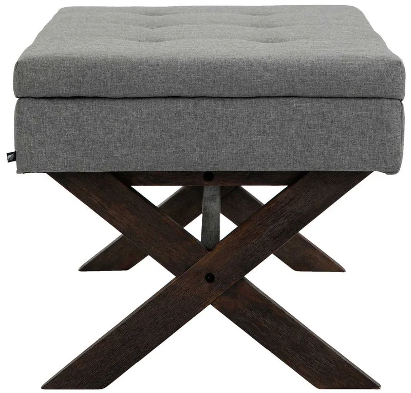 Banquette bout de lit 98 cm avec espace de rangement en tissu gris avec boutons décoratifs pieds foncés 10_0003656