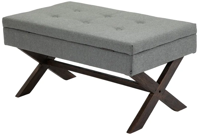 Banquette bout de lit 98 cm avec espace de rangement en tissu gris avec boutons décoratifs pieds foncés 10_0003656