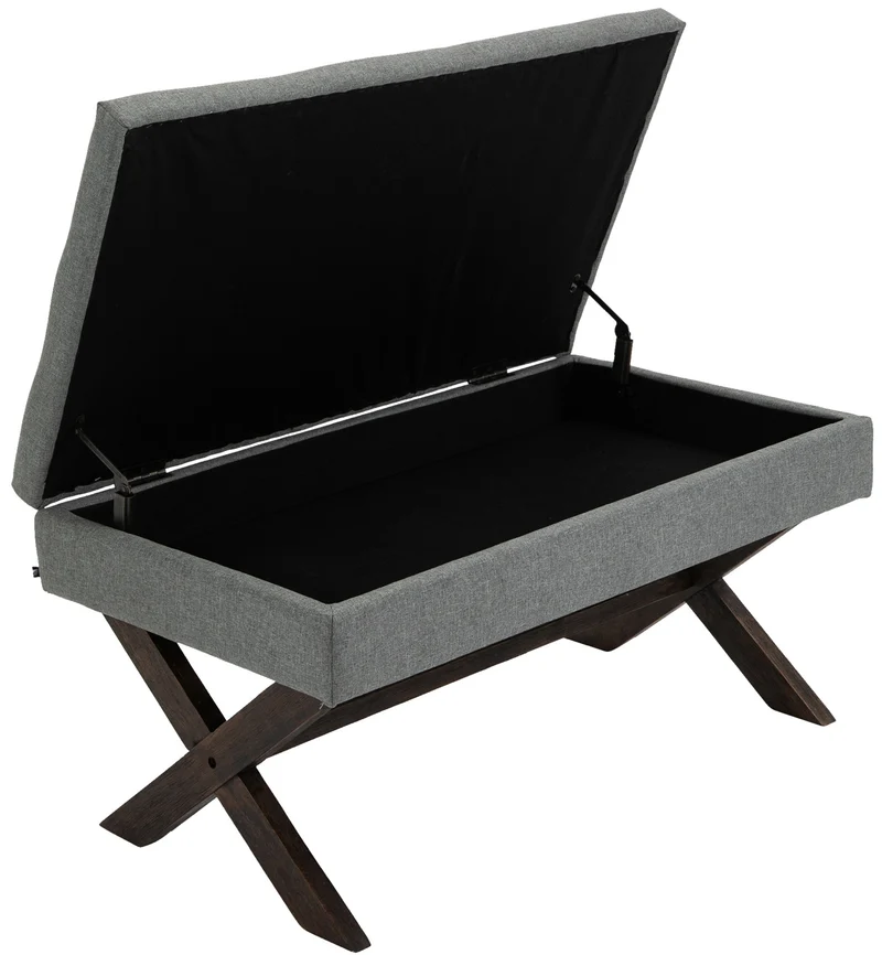 Banquette bout de lit 98 cm avec espace de rangement en tissu gris avec boutons décoratifs pieds foncés 10_0003656