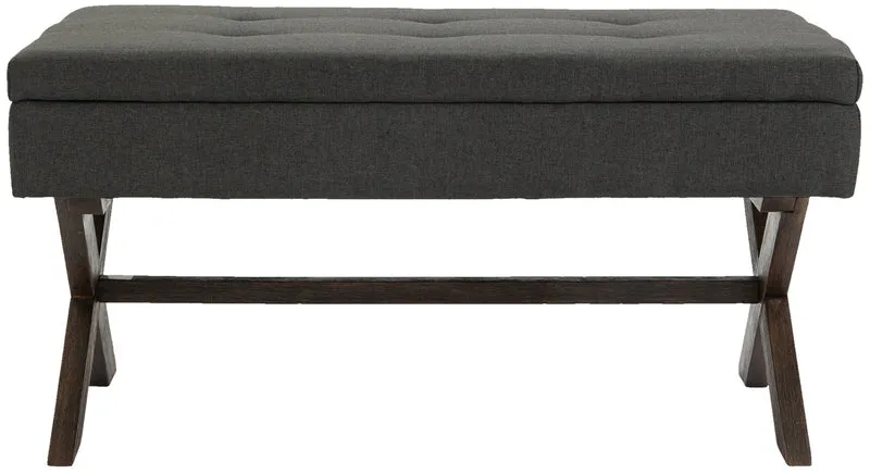 Banquette bout de lit 98 cm avec espace de rangement en tissu gris foncé avec boutons décoratifs pieds foncés 10_0003655