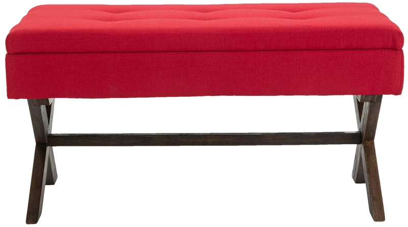 Banquette bout de lit 98 cm avec espace de rangement en tissu rouge avec boutons décoratifs pieds foncés 10_0003659