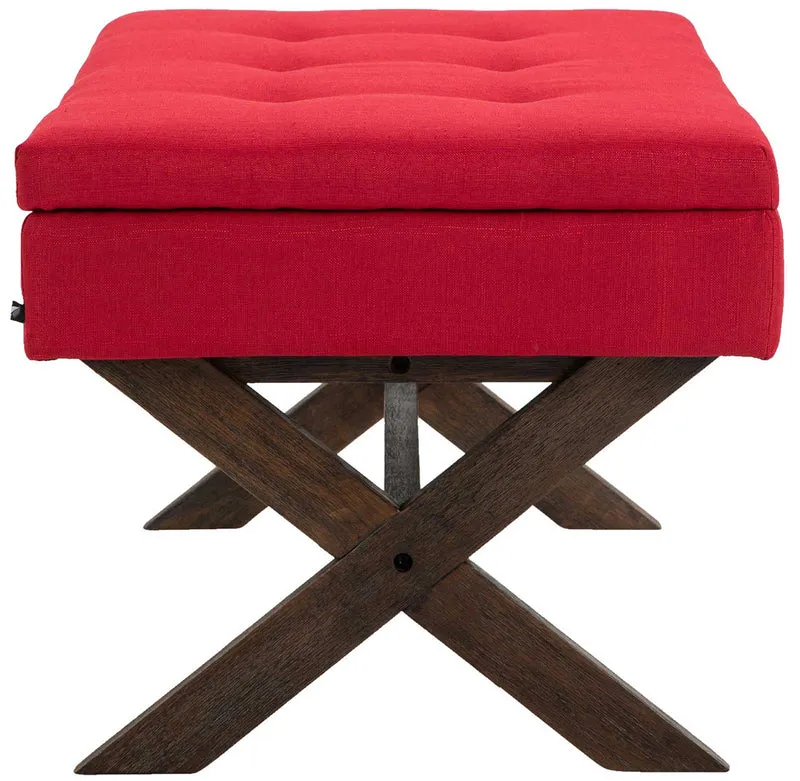 Banquette bout de lit 98 cm avec espace de rangement en tissu rouge avec boutons décoratifs pieds foncés 10_0003659