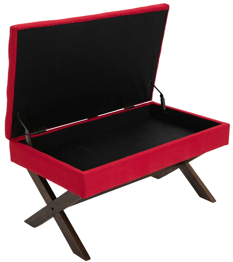 Banquette bout de lit 98 cm avec espace de rangement en tissu rouge avec boutons décoratifs pieds foncés 10_0003659