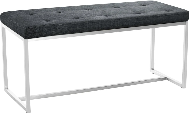 Banc banquette en tissu gris foncé capitonné assise rembourrée et acier inoxydable 100 cm 10_0005505