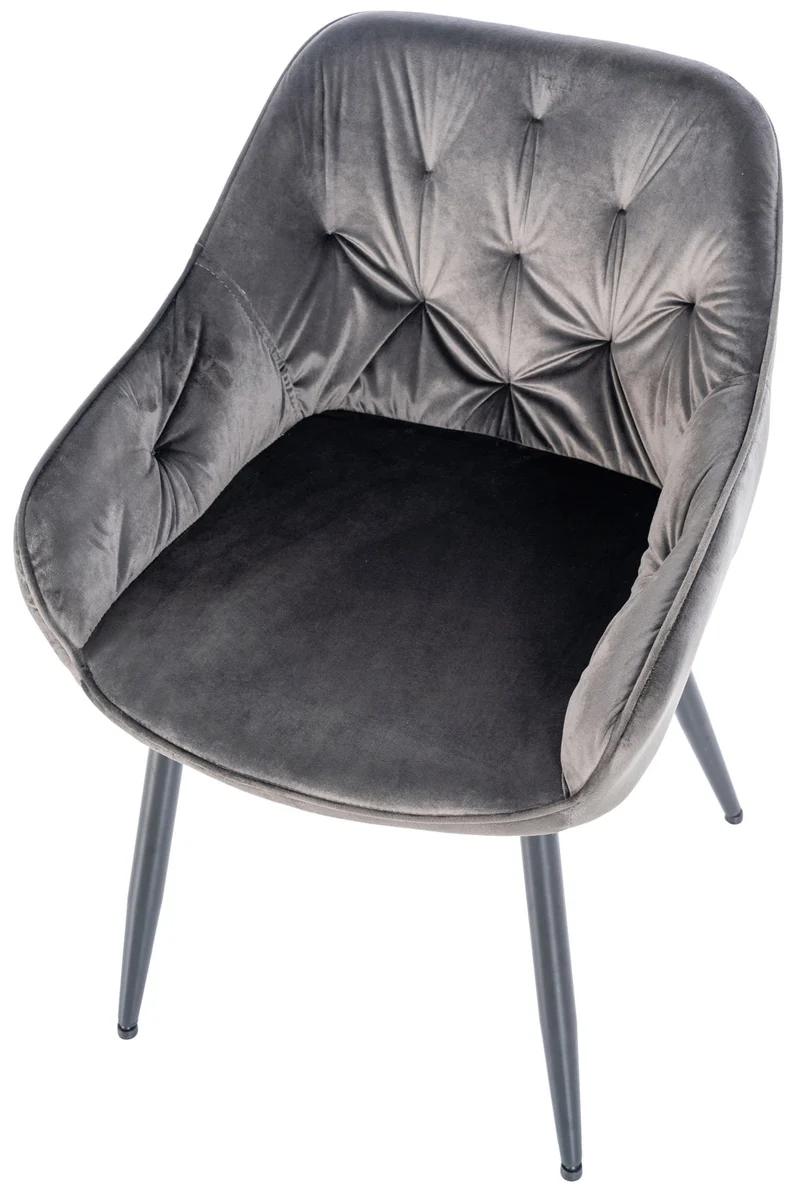 Chaise de salle à manger retro assise capitonnné en velours gris foncé et pieds en métal noir 10_0005488