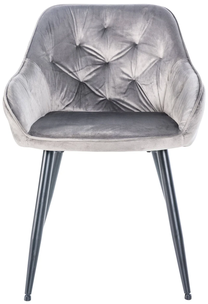 Chaise de salle à manger retro assise capitonnné en velours gris clair et pieds en métal noir 10_0005487