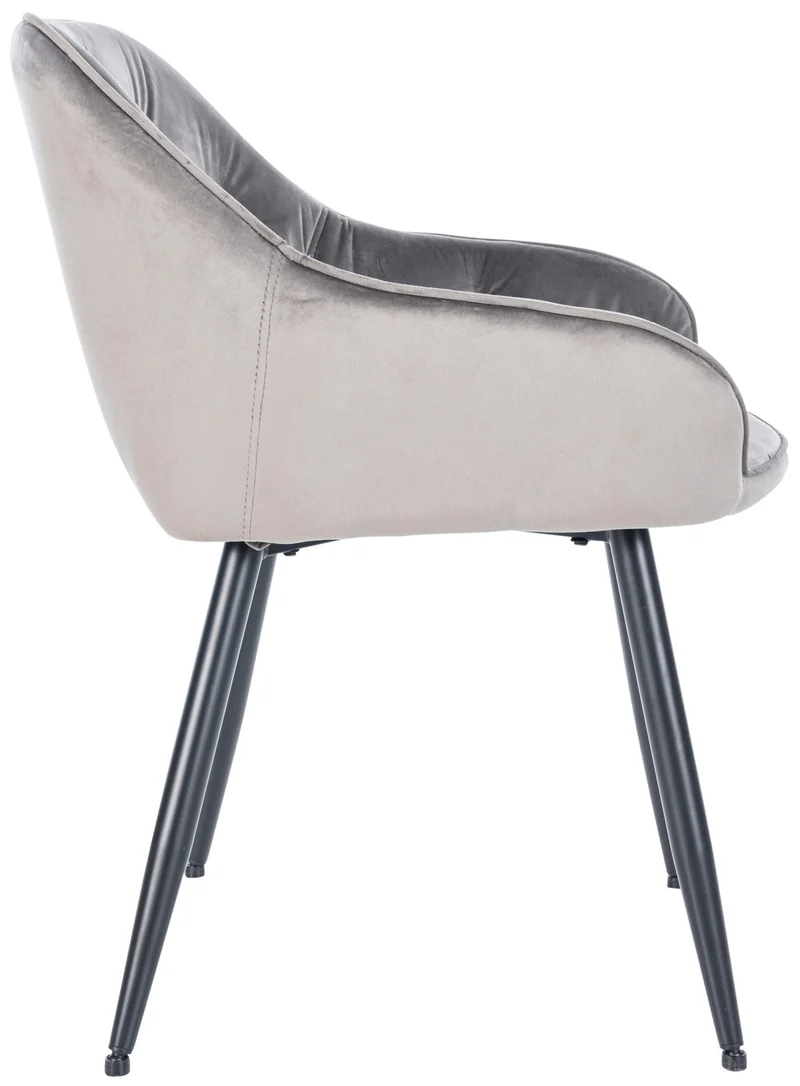 Chaise de salle à manger retro assise capitonnné en velours gris clair et pieds en métal noir 10_0005487