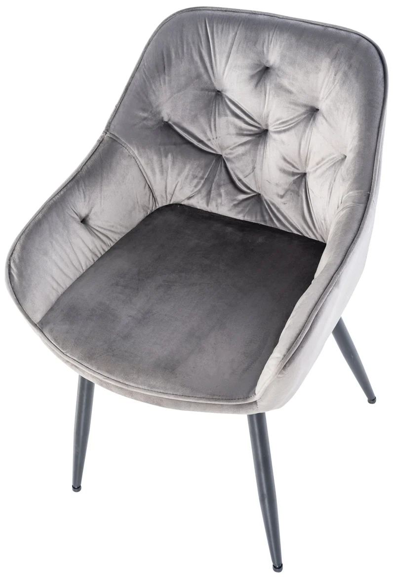 Chaise de salle à manger retro assise capitonnné en velours gris clair et pieds en métal noir 10_0005487