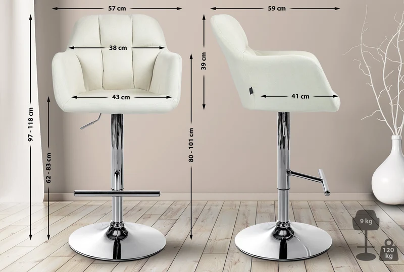 Tabouret de bar chaise haute x1 fonction rotation 360° en tissu crème avec coutures décoratives piètement métal chromé 10_0005272