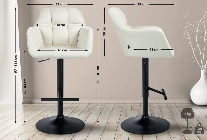 Tabouret de bar chaise haute x1 fonction rotation 360° en tissu crème avec coutures décoratives piètement métal noir 10_0005277