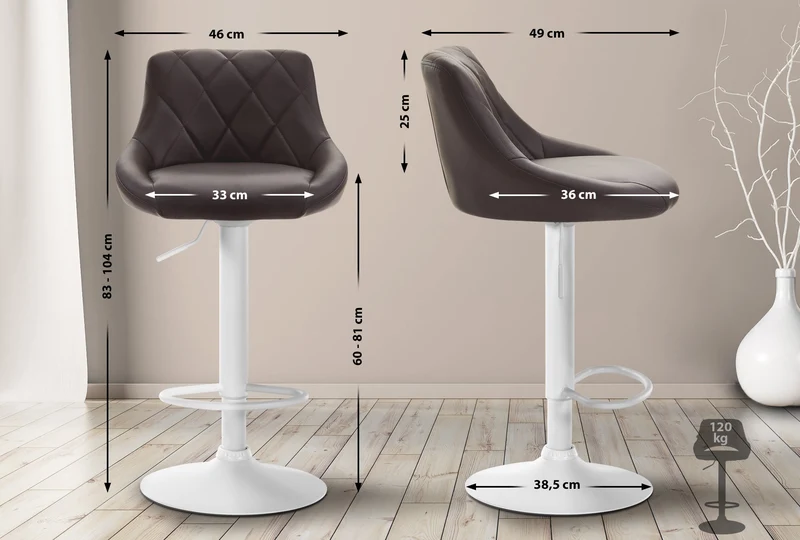 Tabouret de bar en synthétique marron pivotant avec repose-pieds métal blanc coutures décoratives TDB10590