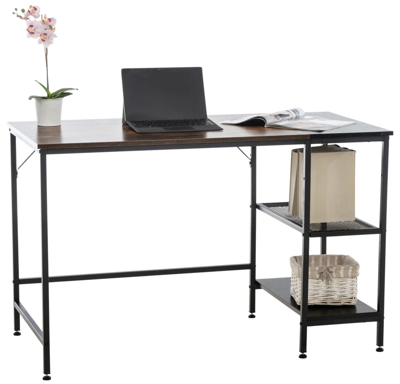 Bureau table d'ordinateur avec cadre en tubes d'acier et colonne de rangement métal noir MDFmarron 10_0005524