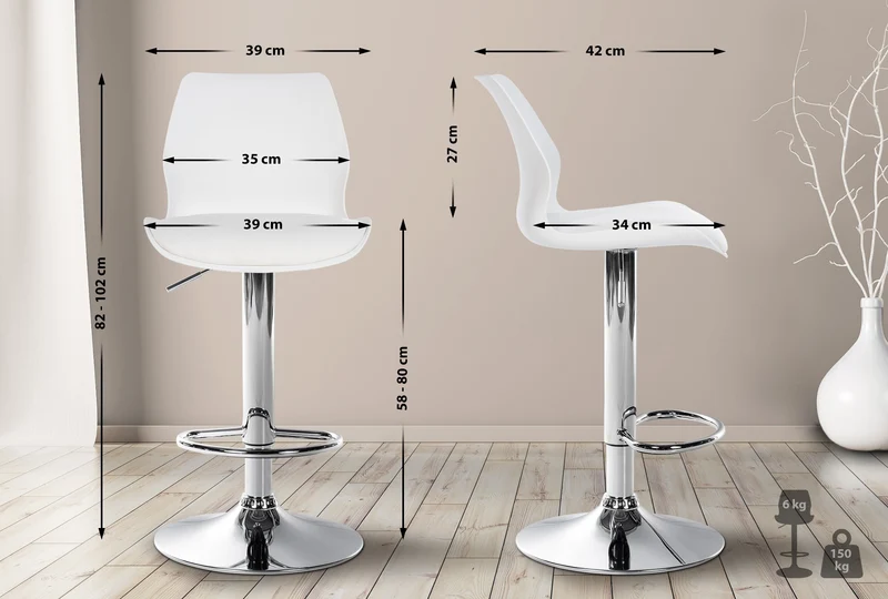 Lot de 2 tabourets de bar avec repose-pieds hauteur réglable pivotant en PVC et plastique blanc et métal 10_0004169