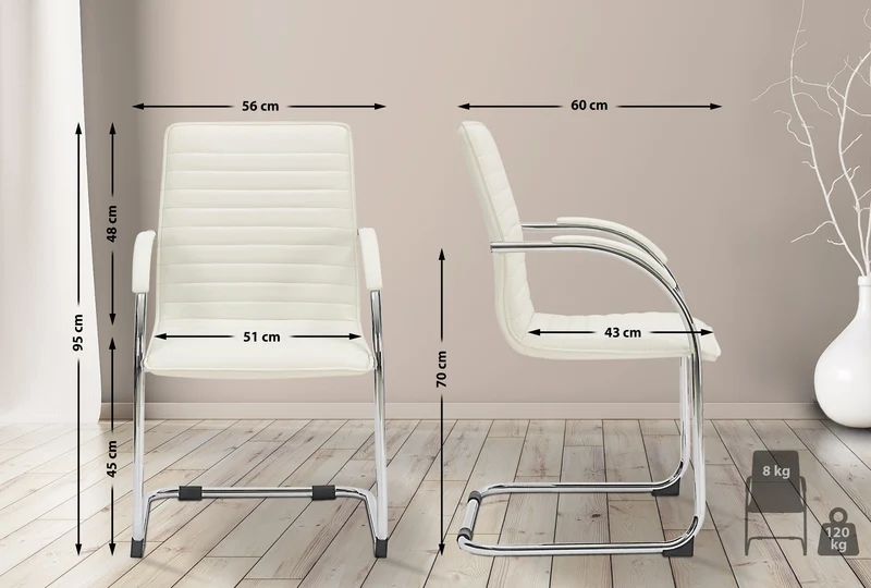 Chaise visiteur fauteuil de bureau avec accoudoirs assise en PVC blanc piètement luge métallique 10_0003419