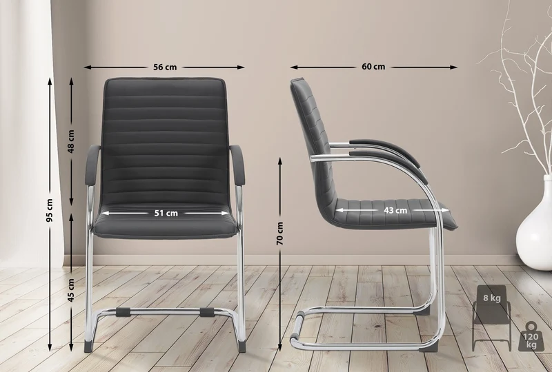 Chaise visiteur fauteuil de bureau avec accoudoirs assise en PVC noir piètement luge métallique 10_0003420