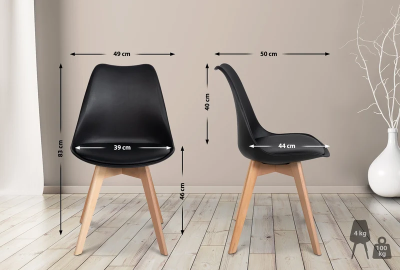 Lot de 6 chaises de salle à manger cuisine en plastique et PVC noir châssis en bois 10_0003221