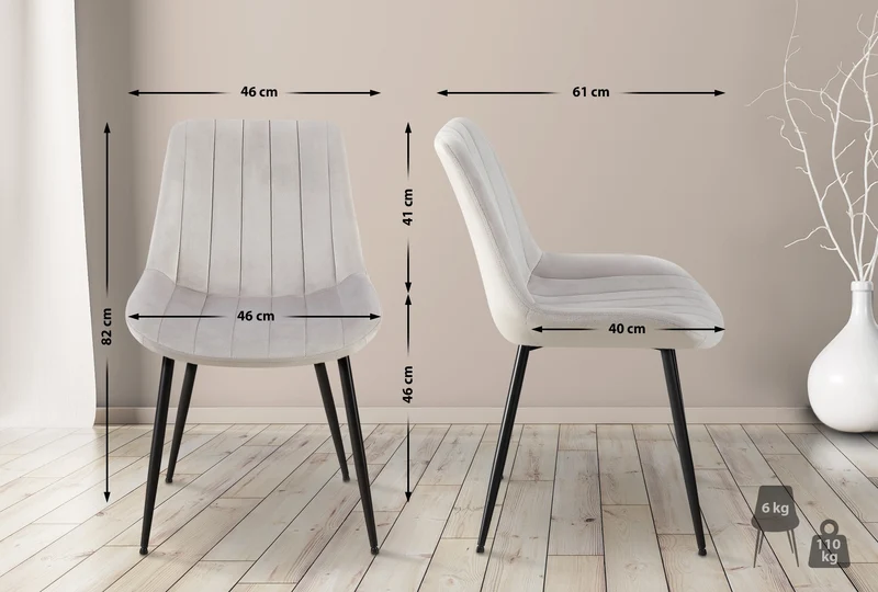 Chaise de salle à manger x1 en velours gris clair avec coutures verticales piètement en métal noir 10_0002333