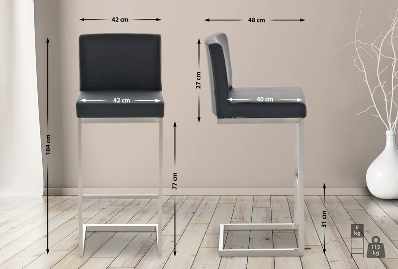 Tabouret de bar x1 design moderne support en acier inoxydable assise en PVC noir 10_0005317