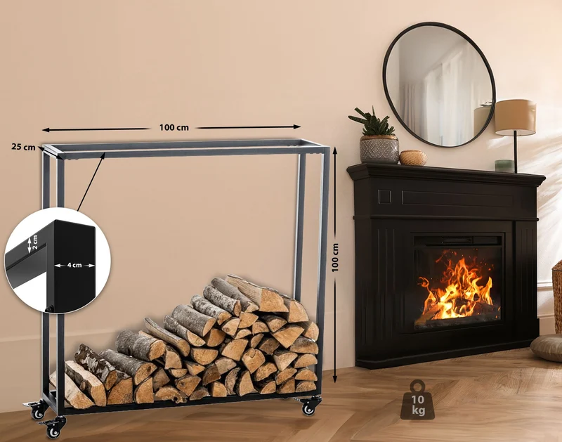 Range-bûches étagère support bois de cheminée sur roulettes 100x100x25 cm en métal noir 10_0003526