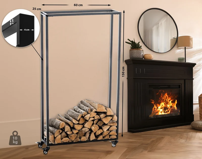 Range-bûches étagère support bois de cheminée sur roulettes 150x60x25 cm en métal noir 10_0003531